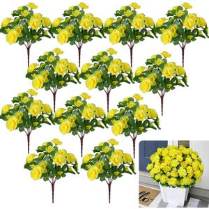 12 Pcs Spring Flowers Artificial Yellow Flowers Outdoor 13.78" UV Resistant Silk Spring Floral Arrangements Azalea Faux Flowers for Outdoor Planters Porch Patio Balcony Garden Vase Table Decor
