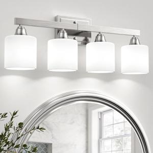 VOLISUN 4-Light Bathroom Light Fixtures, Brushed Nickel Bathroom Vanity Light Over Mirror, Modern Vanity Light for Bathroom with Milky White Frosted Glass Shades (Bulbs Excluded)