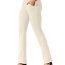 VOOVEEYA Womens Straight Leg Leggings, High Waisted Yoga Pants with Pockets Tummy Control Bootcut Casual Dress Pants, 30 Inseam, Small, Beige