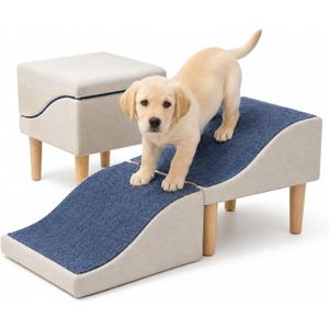 Wavy Dog Stairs for Bed & Couch, Dog Ramp for Small/Medium/Large Dogs. | 13.3"H Wooden 2-in-1 Foldable Ottoman Steps Non-slip Surface for Injured Dogs&Puppy Older, Supports 220 lbs for Beds & Sofas