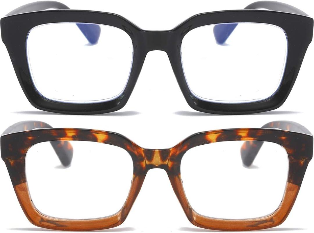 REAVEE 2 Pack Oprah Style Oversized Reading Glasses for Women Men Blue Light Blocking, Ladies Stylish Retro Square Large Computer Readers (Black/Leopard 1.25x)
