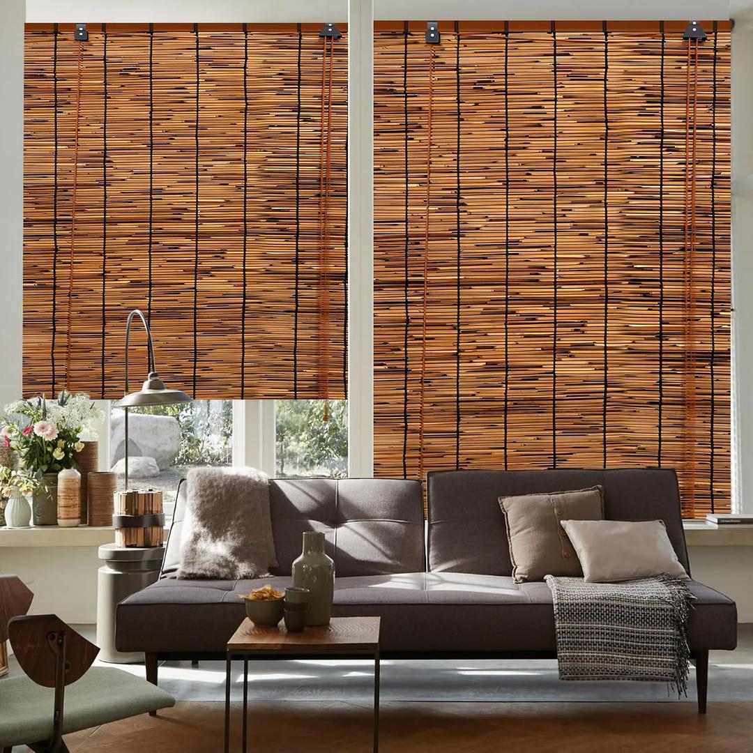 2 Pack Bamboo Reed Roll-Up Blind Shades for Windows, 47" W x 71" H Bamboo Shade Outdoor Patio, Natural Reed Roller Shutters for Porch Pergola Partition Decoration Privacy Retro Curtains