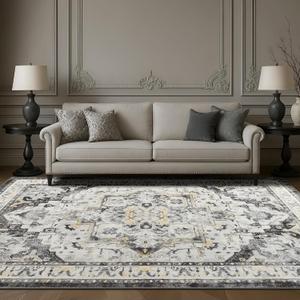 Boho Washable Area Rug 5x7, Spill-Proof Surface, Non-Slip Backin,Low Pile Faux Wool Large Printed Rugs for Living Room,Bedroom, Dining Room, Kitchen Floor, Small Office (Grey, 5x7)