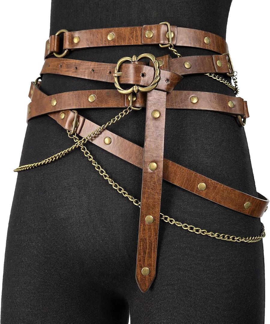 HiiFeuer Medieval DIY Faux Leather Metal Chain Belt, Vintage Adjustable Thin Belt For Women, Retro Skinny Belt For Dresses, One Size fits all