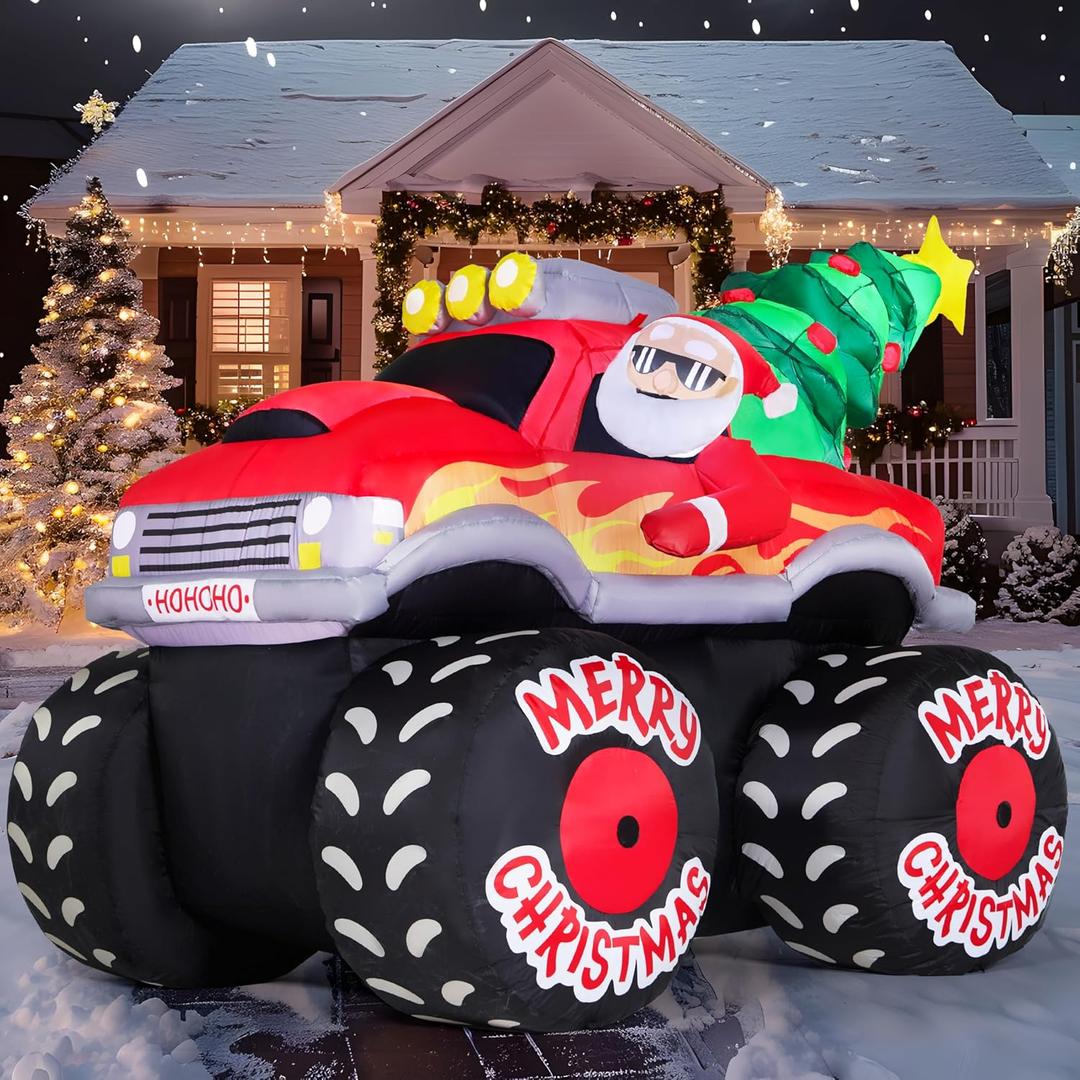 JOIEDOMI 7 FT Long Christmas Inflatable Santa Driving Truck with Christmas Tree, Blow Up Santa on Truck with Build-in LEDs for Xmas Party Decor Yard Outside Garden Holiday Decoration