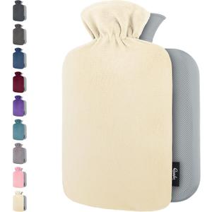 Qomfor Hot Water Bottle with Soft Fleece Cover - 1.8L Large - Premium Hot Water Bag for Pain Relief, Period Cramps, Cozy Nights, Bed Warmer, and Feet Warmer (Champagne) (Medium)