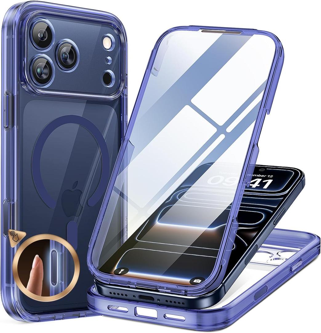 Miracase for iPhone 17 Pro Max Case 6.9" Full-Body Phone Case with Built-in Glass Screen Protector& Full Camera Protector,[Magnetic with MagSafe] Drop Proof 17 ProMax Cover, Clear Blue