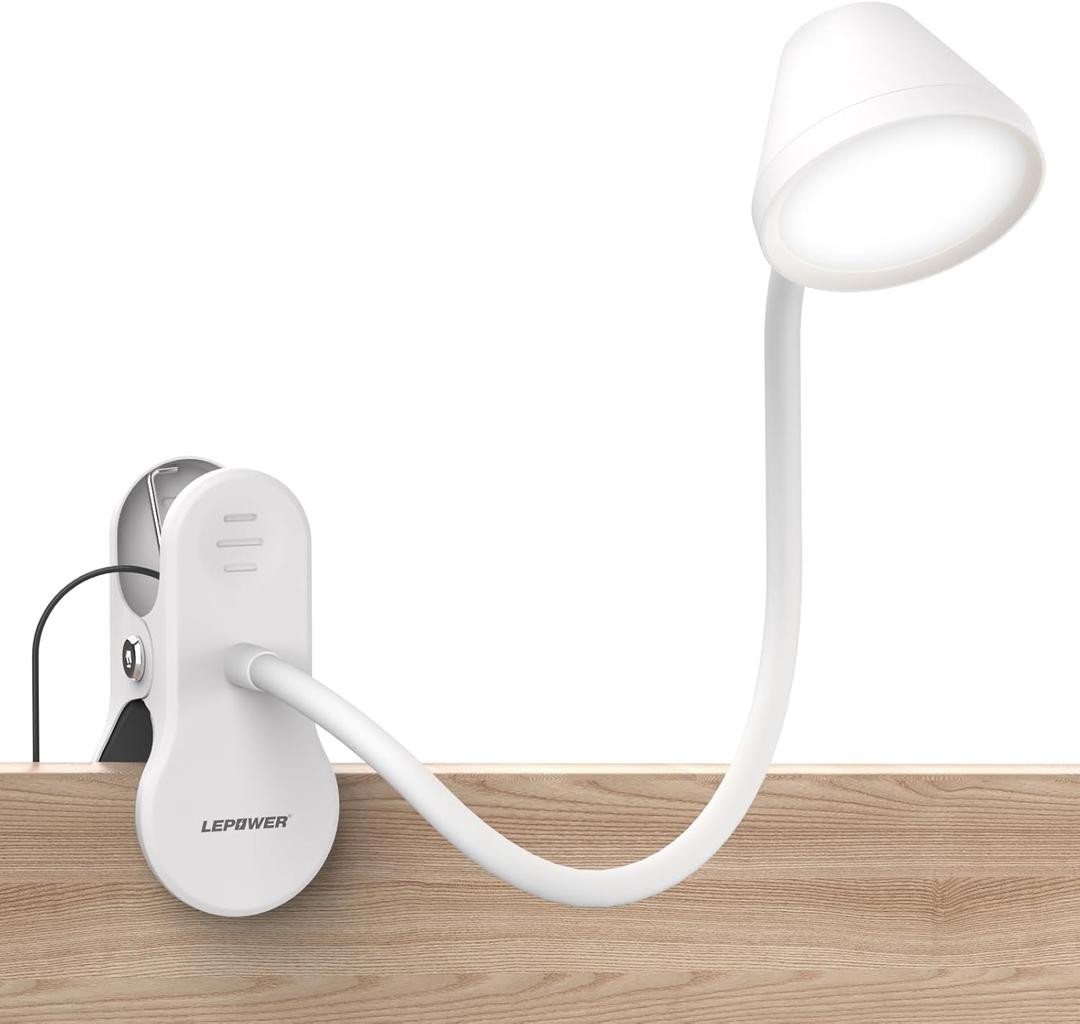 LEPOWER Clip on Light, Reading Lights for Books in Bed with 5 Colors & Stepless Dimming, RG0 Eye-Care, Auto Timer & Night Light, Strong Clamp for Headboard, Bedside, Desk, White