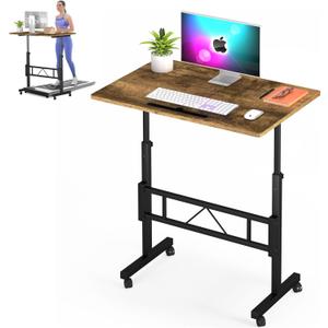 Klvied Small Standing Desk Adjustable Height, Mobile Table with Wheels, Portable Laptop Table, Standing Computer Desk for Walking Pad (Brown)