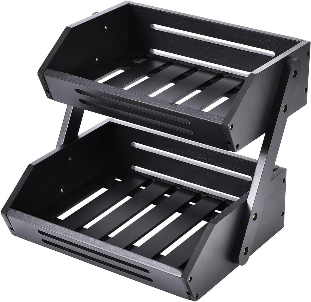 VIKEYHOME Kitchen Organizer with 2-Tier Bamboo Fruit Basket  Large Capacity, Space-Saving Fruit & Veggie Stand for Countertop, Snack Holder, Natural & Sturdy 15mm Thick Design (Black)