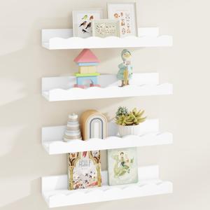 Fun Memories Scalloped Floating Shelves for Wall 32in, Solid Pine Wood Nursery Book Shelves, Kids Wall Shelves for Bedroom, Toddler Room Storage & Nursery Decor, Set of 2