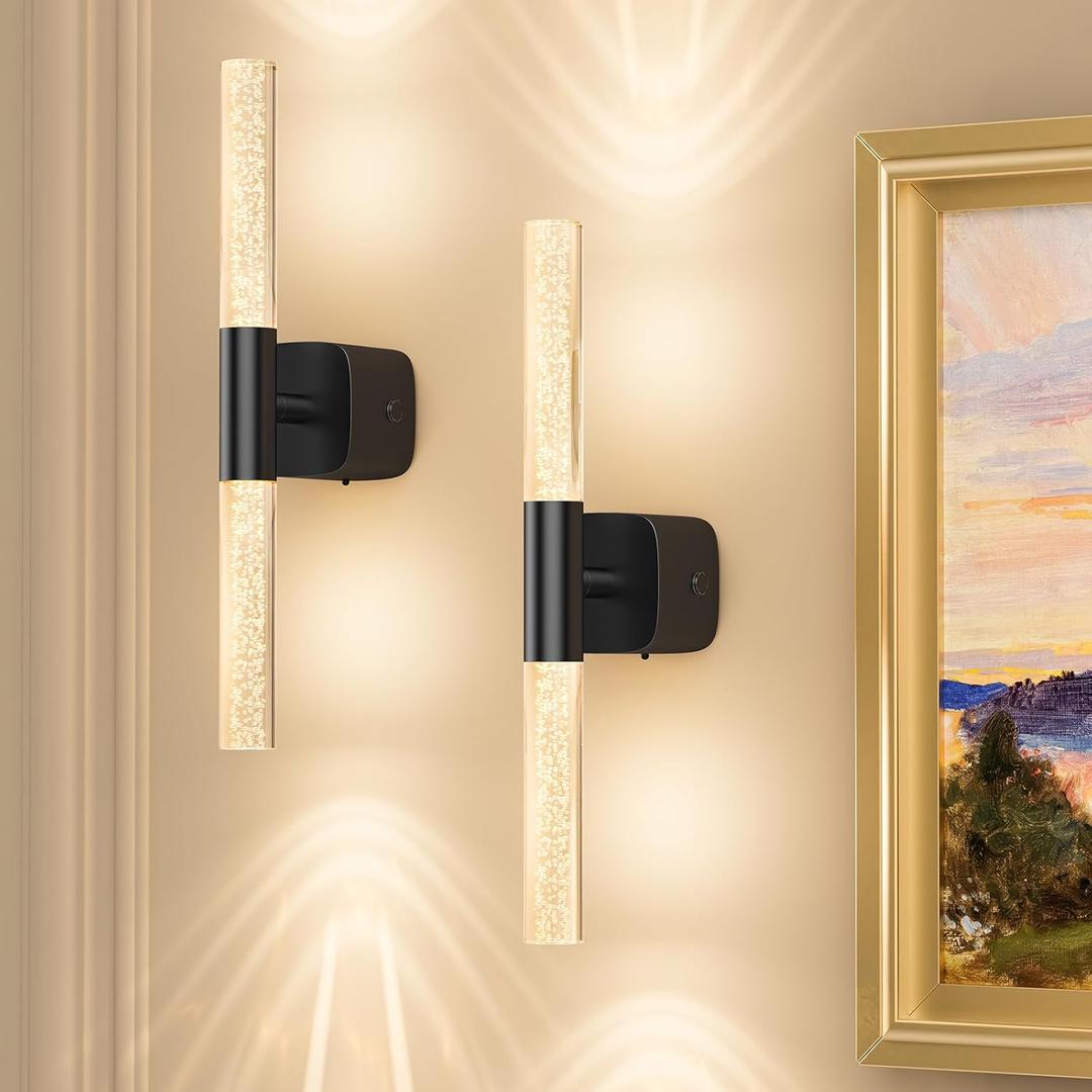 Battery Operated Wall Sconce Set of 2 Black Rechargeable Crystal Sconce Wall Decor Set of 2 with 12000mAh 16" CCT Dimmable 350 Rotate Remote Wireless Wall Light for Bedroom Living Room
