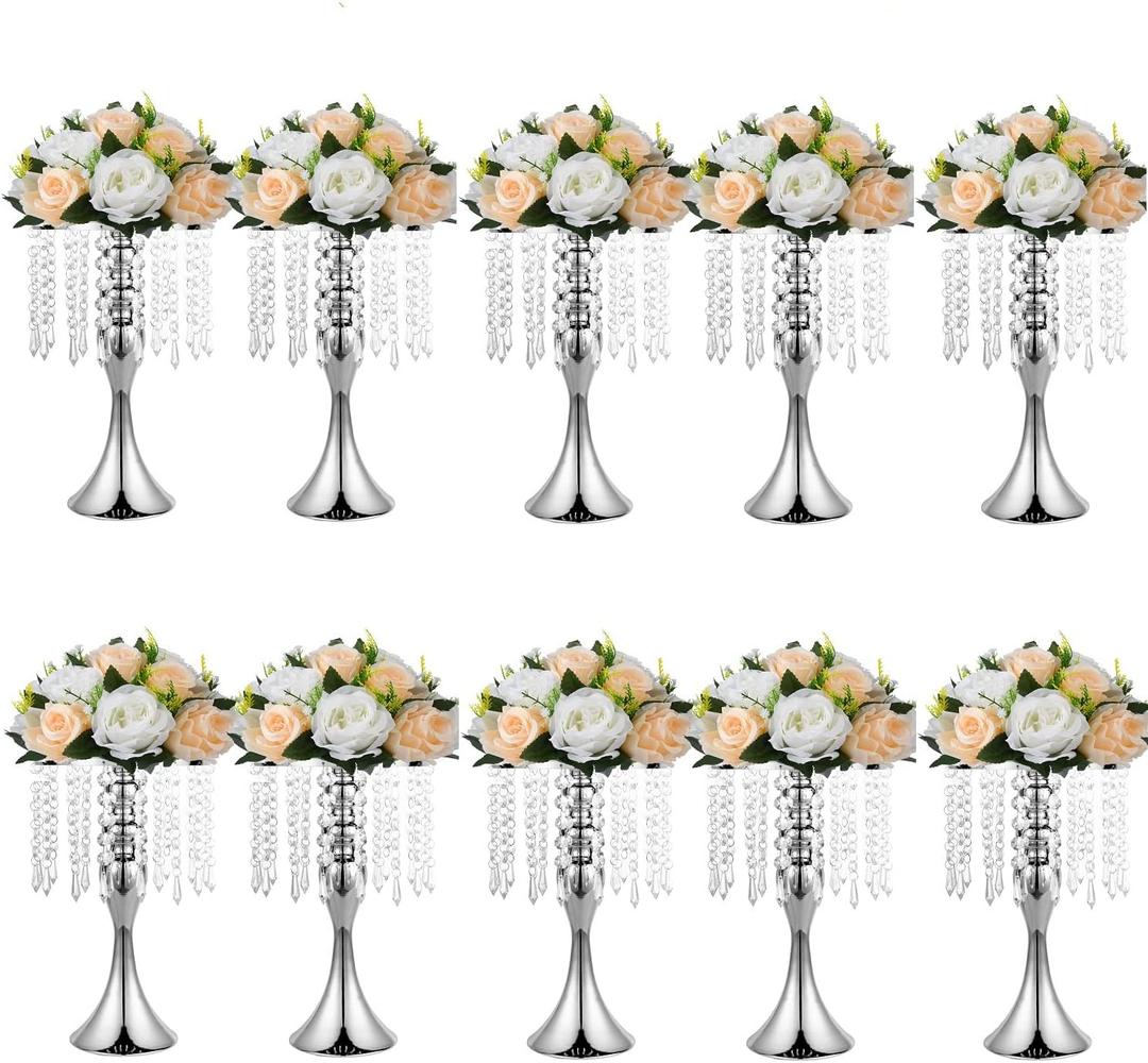 10pcs Silver Vases for Centerpieces Crystal Tabletop Metal Flower Vase Stand for Anniversary Ceremony Party Birthday Event Home Decorations