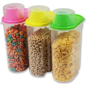 Basicwise 2.5 Liters Set of 3 Large Airtight Food Storage Containers with Pouring Spout and Measuring Cup Lid for Flour Sugar Cereal Rice Pantry Staples & Baking Ingredients in Green Pink and Yellow