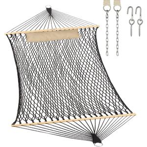 JoyView Traditional Rope Double Hammock - Hand Woven Cotton Hammock with Hardwood Spreader Bar and Pillow 450lb Capacity for Outdoor Indoor Patio Yard - Black