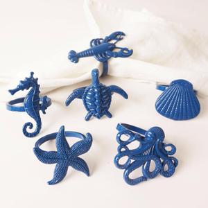 Coastal Theme Sea Creatures Napkin Rings Starfish Sea Shells Metal Napkin Rings Set of 6 for Dinner Party, Summer, Wedding, Beach Table Decor, Family Gatherings, or Everyday Use (6, Blue)