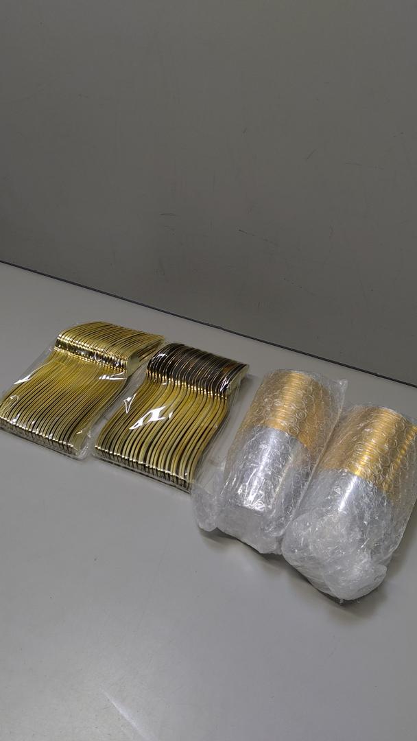 22 Water Plastic Cups, 26 Pcs Forks And Spoons (Gold)