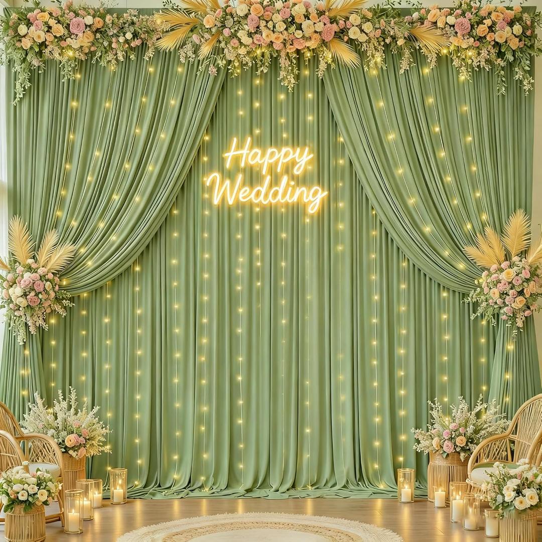 20x10FT Sage Green Backdrop Curtains with Lights for Parties,Wrinkle Free Wedding Photo Backdrop Curtains for Baby Shower Birthday Ceremony Reception Home Party Decorations-5ft x 10ft,4 Panels