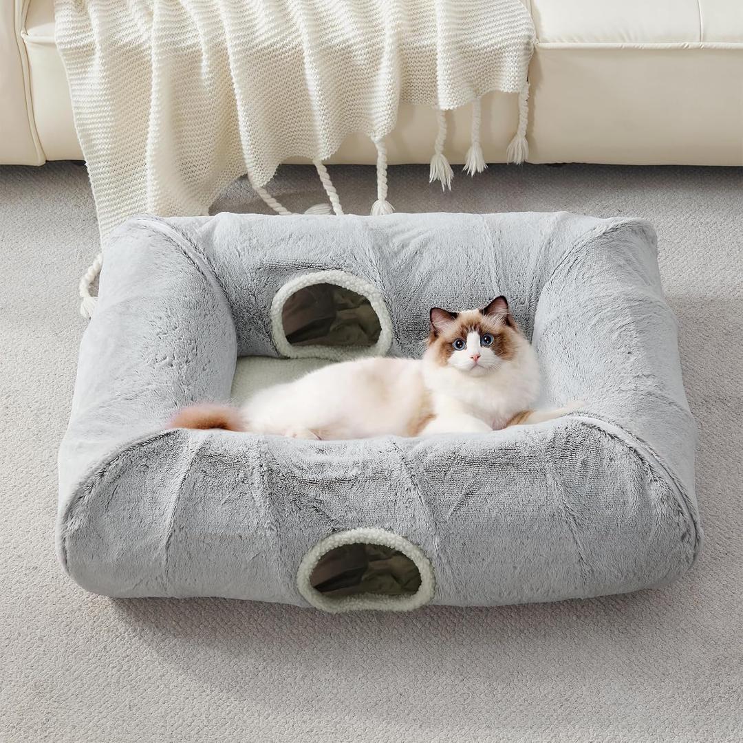 WINDRACING Cat Tunnel Bed for Indoor Cats - Cute Cat Tunnel Toy, Equipped with Washable mats, Square pet Hide and Seek cat cave Toy, Suitable for Kittens/Puppies/Rabbits, (Grey XL:39"X30"X11")