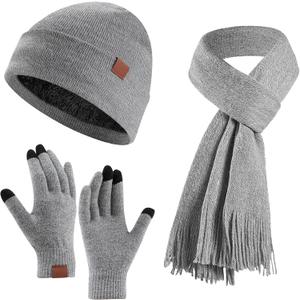 Women's Winter Beanie Hat Scarf Gloves Set, Warm Fleece Interior Knit Hat with Long Scarf Touchscreen Gloves 3 in 1 Set