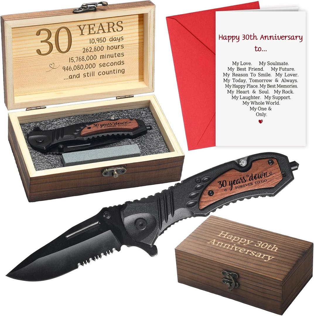 30 Years Anniversary Keepsake Gifts for Him Men Husband Engraved Pocket Folding Knife with Wood Box Tin Anniversary Customized Wedding Birthday Gifts for Men Outdoor Camping Activity