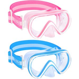 COOLOO 2 Packs Kids Goggles with Nose Cover, Elastic Fabric Strap Swimming Goggles for Kids 4-16, Anti Fog Tempered Glass (Blue+Pink)