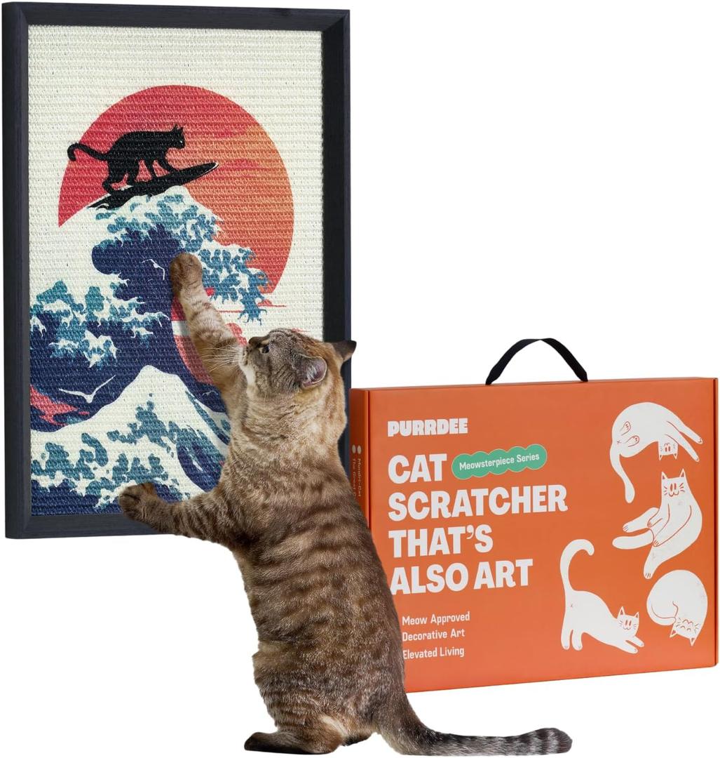 Decorative Wall Art Cat Scratcher for Vertical Scratching, 14"x20" Framed Sisal Scratch Pad Mat with Renter-Friendly No-Drill Wall Mounted Setup, Durable Alternative to Cardboard (The Cat Wave)