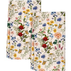 Flour Sack Kitchen Towels - Set of 2 Spring Dish Towels with Hanging Loop 18x26 Inch Absorbent Reusable Cotton Cloths for Cleaning Cute Design Home Decorative Housewarming, Vintage Flower