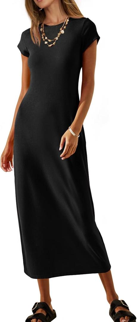 MEROKEETY Women's 2026 Summer Casual Tshirt Dress Short Sleeve Crew Neck Beach Long Maxi Dresses (Black, M)