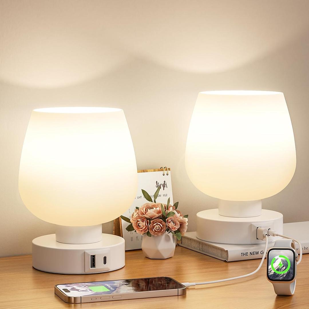 Seealle Touch Table Lamp for Nightstand Set of 2 - Bedside Lamp with USB C+A Charging Ports for Bedroom Living Room Night Stands, Desk Lamp with White Glass Shade for Small Spaces, 3 Way Dimmable