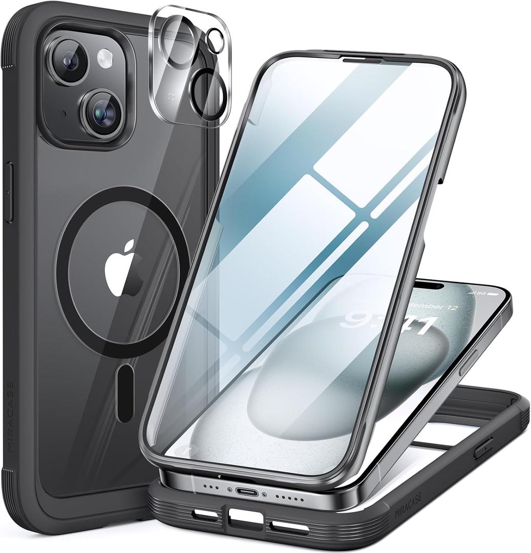 Miracase Magnetic for iPhone 15 Plus Case 6.7'',only for 15 Plus Phone Case Cover with Built-in 9H Tempered Glass Screen Protector, not for Pro/Pro Max,  Magnetic Black