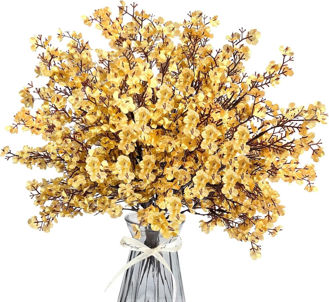 Baby's Breath Artificial Flowers 8 Bundles Real Touch UV Resistant Fake Flowers Silk Faux Flowers for Vase Home Office Wedding DIY Floral Indoor Outdoor Centerpiece Table Decoration (Gold)