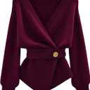 GORGLITTER Women's Wrap Cardigan Deep V Neck Long Sleeve Dressy Sweater Business Casual Outfits (Burgundy)