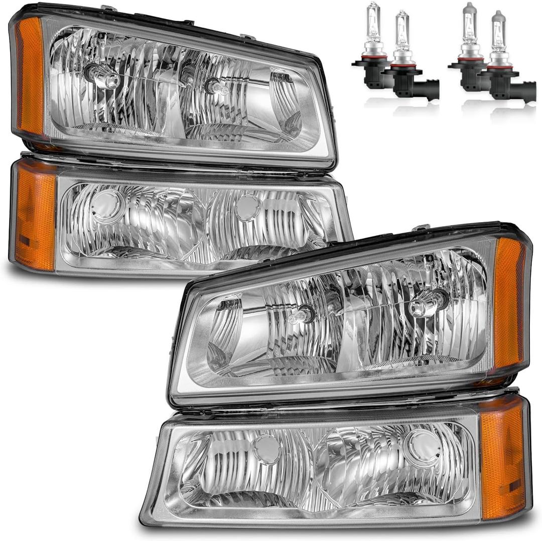 Headlights W/Bulbs for 2003-2007 Chevy Silverado1500/2500/3500/1500HD/2500HD, 2003-2006 Avalanche 1500/2500, Halogen, Driver & Passenger Side (OE Replacement)