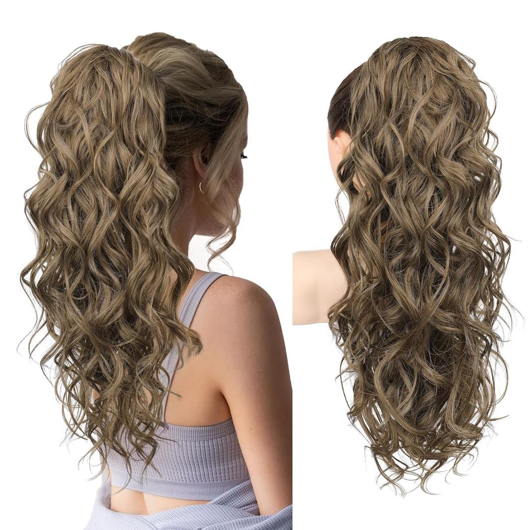 REECHO Ponytail Extension, 24" Claw Clip Ponytail Extension Wavy Ponytails Hair Extensions Jaw Clip on Pony Tails Natural Synthetic Hairpiece for Women Daily, Ash Brown