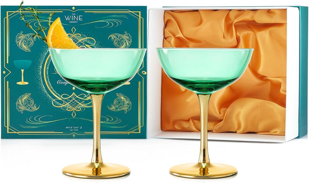 Colored Coupe Art Deco Glasses Gold | Set of 2 | 12 oz Classic Cocktail Glassware for Champagne, Martini, Manhattan, Sidecar, Crystal Speakeasy Style Goblets Stems, Vintage Blue, Teal, Green