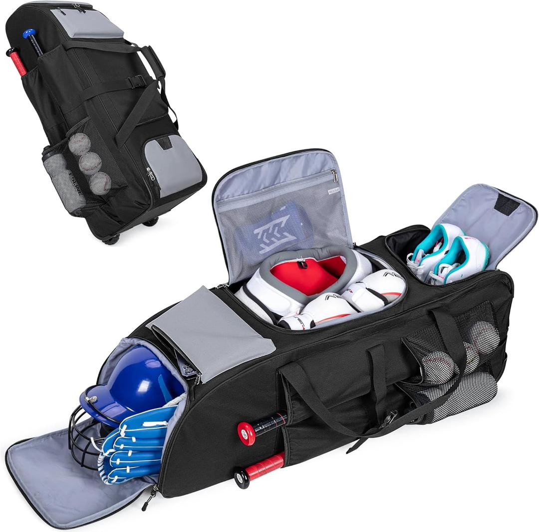 GOBUROS Rolling Baseball Bag for 4 Bats, Black Softball Bag with Wheels, Large Baseball Equipment Bag with Separate Shoe Compartment and Glove Pocket