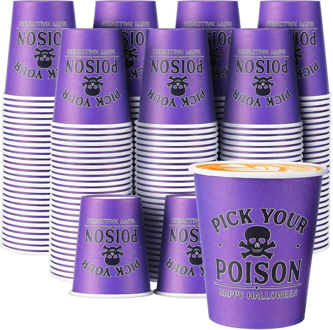 Maxcheck 100 Pcs Halloween Pick Your Poison Disposable Paper Cups Bulk 9 oz Skull Coffee Cups or Holiday Halloween Spooky Party Supplies