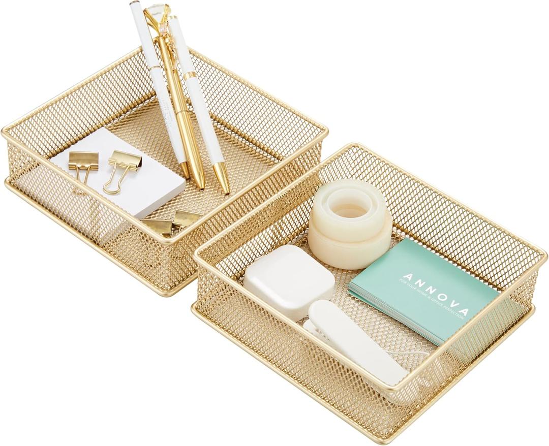 Annova Mesh Stackable Drawer Cabinet and Shelf Organizer Bins Storage Basket School Office Supply Holder Tray- Set of 2 (Gold, 6x6x2 Inch)