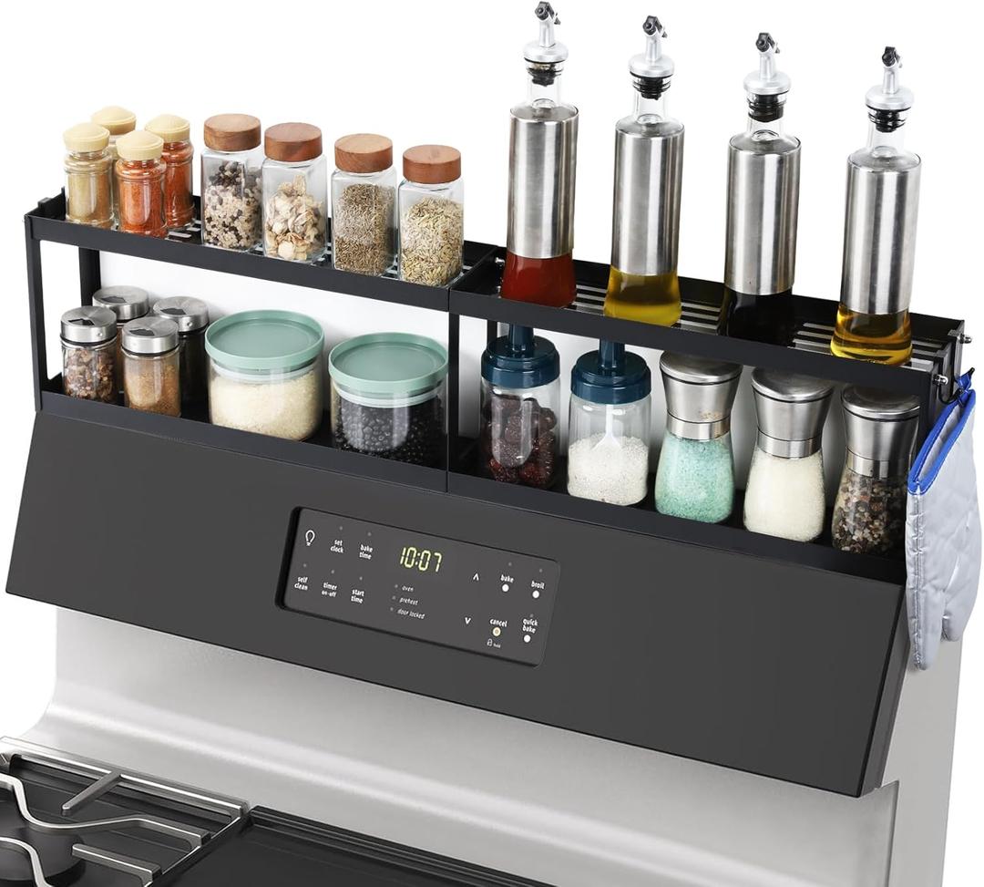 OTraki 2 Tier Strong Magnetic Oven Shelf 30 Inch Length Spice Rack Over The Stove Shelf with 2 Anti-Slip Mats Seasoning & 4 Hooks Kitchen Spice Storage Organizer Black