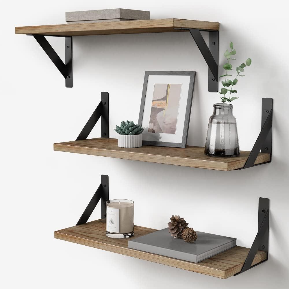 Floating Shelves with Black Metal Brackets Set of 3, Light Wood Wall Bookshelf for Bedroom Over Desk Bed, Hanging Shelf for Office Kitchen Living Room, Bathroom Over Toilet (Natural Color) (17 Inches)