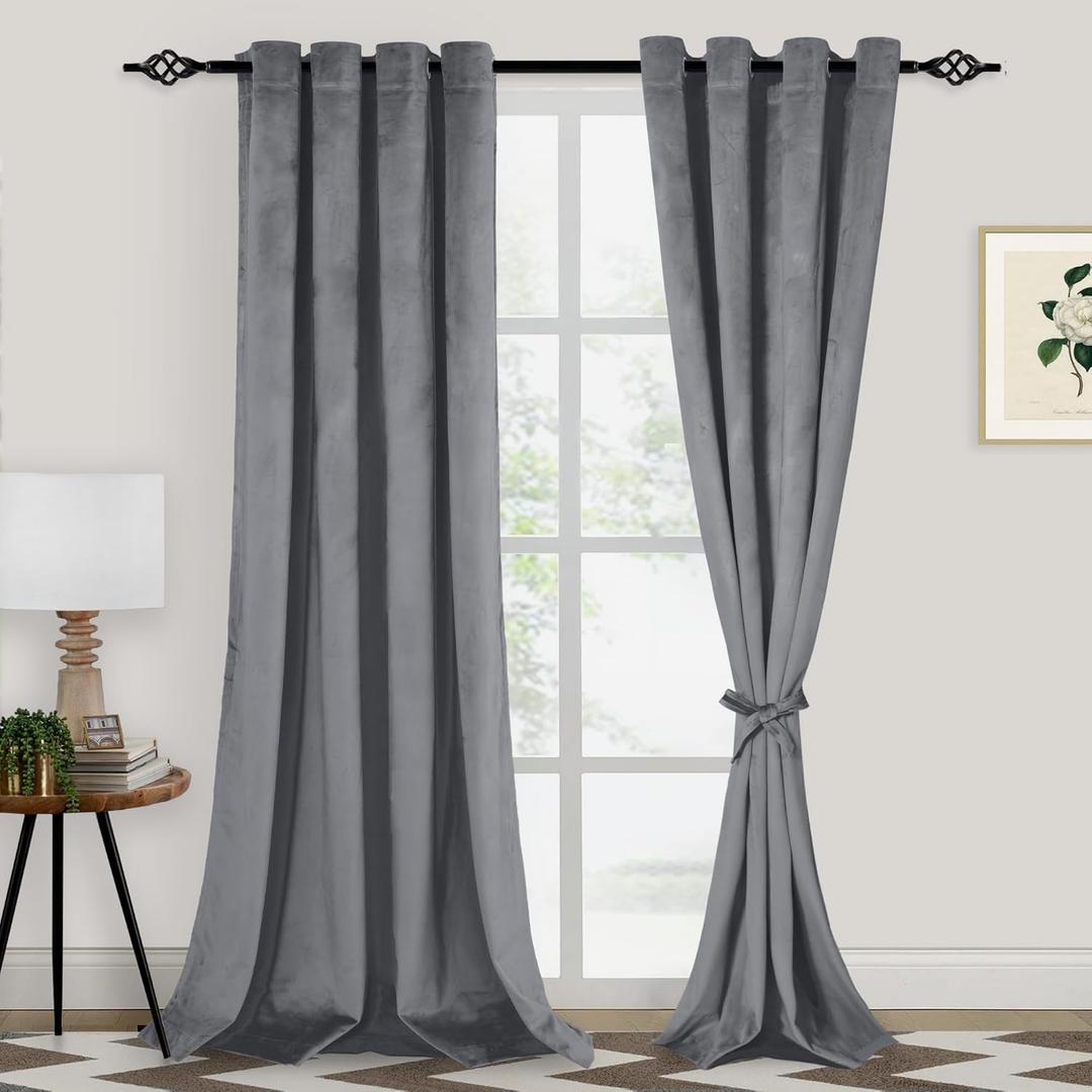 XWZO Grey Velvet Curtains 96 Inches Long, Elegent Soft Luxury Curtains for Living Room, Thermal Insulated Room Darkening Grey Curtain for Bedroom Decor, Velvet Drapes Set 2 Panels