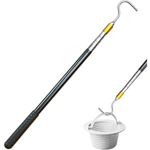 Extendable Pool Skimmer Basket Hook Pole Up to 63 Inch - Stainless Steel Skimmer Lid Lifting Hook with Non-Slip Grip - Easy Installation & Adjustable Length - Ideal for Pool Cleaning Debris Removal