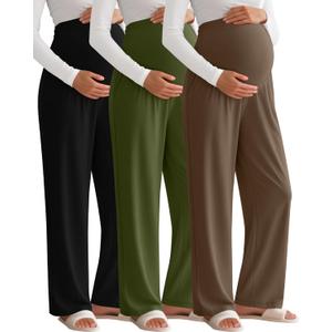 3 Pack Women's Maternity Pants Over The Belly Pregnancy Pants Stretchy Loose Wide Leg Lounge Pajama with Pockets (Large, Black, Army Green, Coffee)