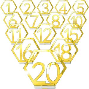 Velidy Table Numbers,1-20Wedding Acrylic Standing Table Numbers with Holder Base for Wedding, Party, Events or Catering Decoration (Gold)