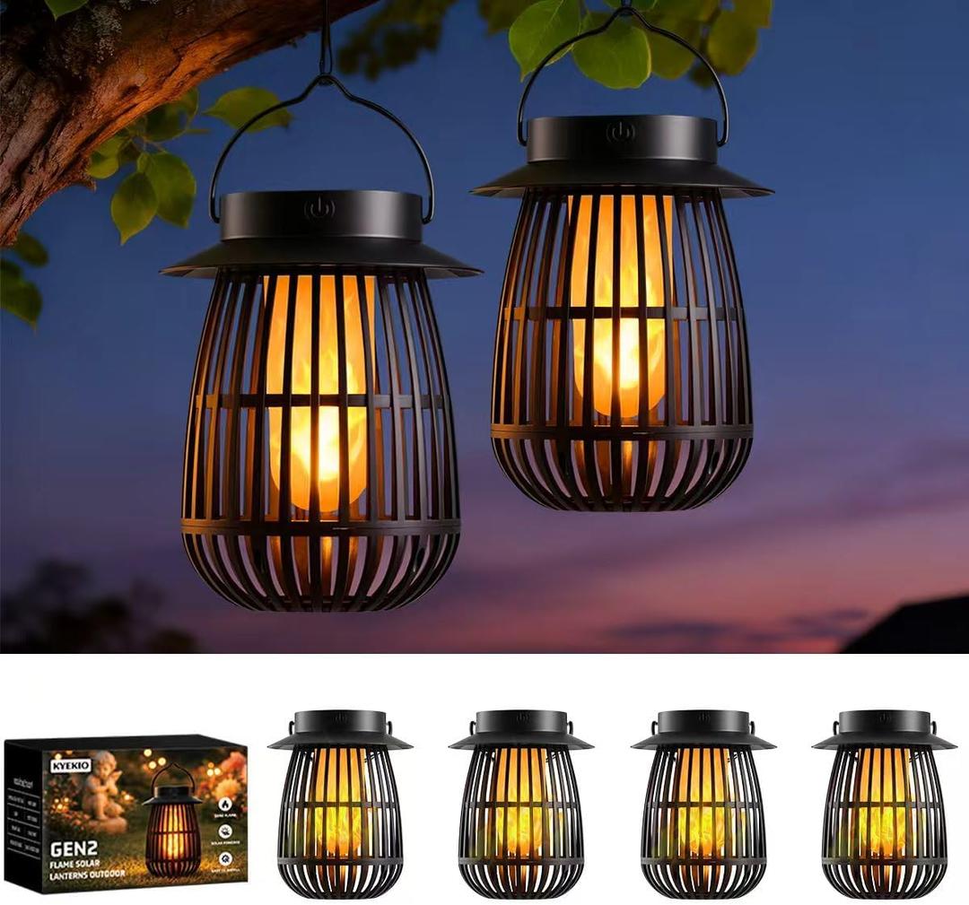 KYEKIO 4Pack Gen2 Flame Solar Lanterns Outdoor Waterproof, Solar Hanging Lantern Decorative, Flickering Flame Outdoor Lanterns Solar Powered, Lights for Yard Patio Garden Decor as Mother's Day Gifts