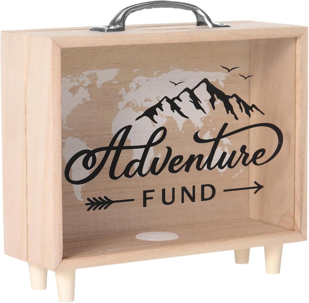 Vesici Travel Fund Box Piggy Bank for Adults Money Savings Box Vacation Decorative Suitcase Wooden Coin Bank for Vacation Wedding, 8 x 7.3 x 2.8 Inch(Adventure)