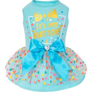 cyeollo Dog Birthday Dress, Soft Tulle Dog Dresses for Small Medium Dogs Girl, Pullover Dogs Clothes with Bowknot, Pet Birthday Party Outfit, Holiday Pet Apparel, Blue L