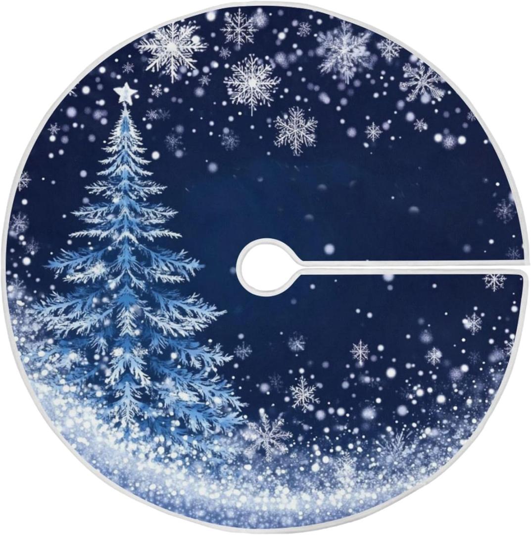 Blue Christmas Tree Skirt 48 inch Decorations Sliver Snowflake Winter Xmas Tree Mat Large for Holiday Party Supplies Rustic Ornaments Mini Tree Skirt
