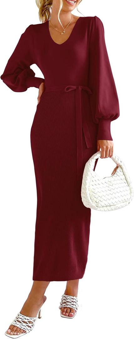 PRETTYGARDEN Women's Fall Knit Pullover Sweater Dress Elegant Long Lantern Sleeve V Neck Winter Maxi Bodycon Dresses (Wine Red)